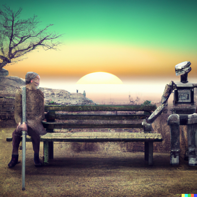 DALL·E 2023-01-13 03.10.07 - Old Man Holding Hands with and Android sat on a bench at the end of the world, fantasy art