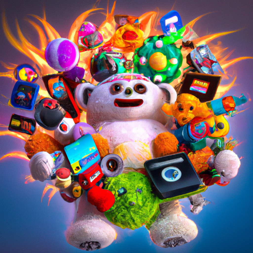 A cute looking fluffy soft stuffed toy robot spewing out a lot of different types of multimedia icons from a ball of energy between its outstretched hands, Pixar Art, Hyper-Realism, 3K, Digital Art, cartoon art