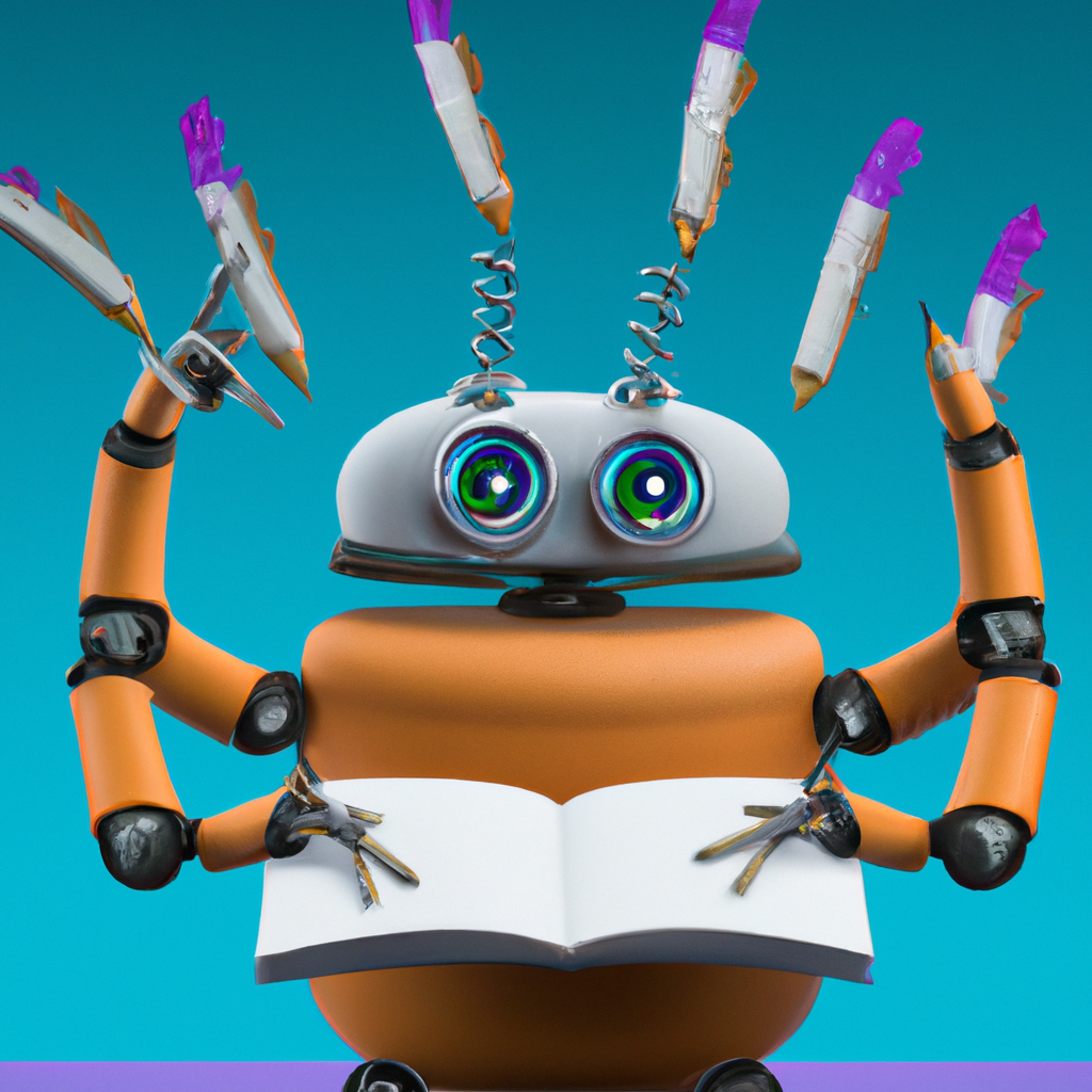 another cute robot with eight arms writing eight books with eight feathered quills. Pixar Art style, hyper-real