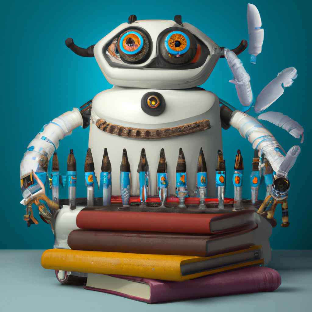 a cute robot with eight arms writing eight books with eight feathered quills. Pixar Art style, hyper-real