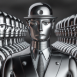 illustration of a chrome man and an army of robot clerks wearing bowler hat following behind him