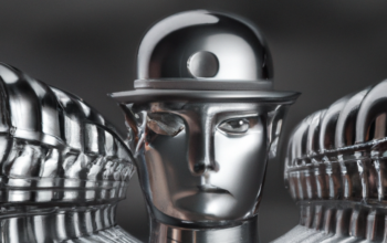illustration of a chrome man and an army of robot clerks wearing bowler hat following behind him