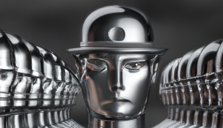 illustration of a chrome man and an army of robot clerks wearing bowler hat following behind him