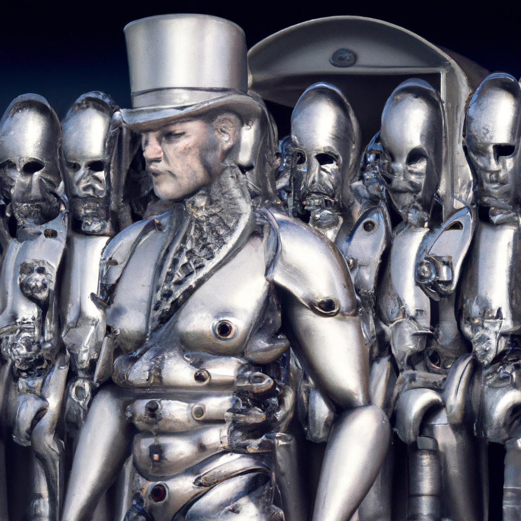 AI genErated image of an illustration of a chrome man and an army of robot clerks wearing bowler hat following behind him. Generated by Meow Apps GPTChat AI content writer and image genrator plugin