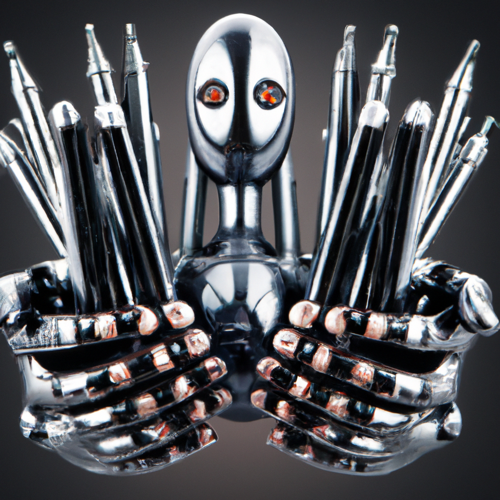 illustration of a chrome man with eight arms holding a pen in each hand modern design, for the web, cute, happy, 4k, high resolution, trending in artstation by H.R. Giger